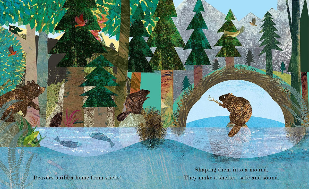 Illustration of beavers building a home in a forest with a bridge over water.