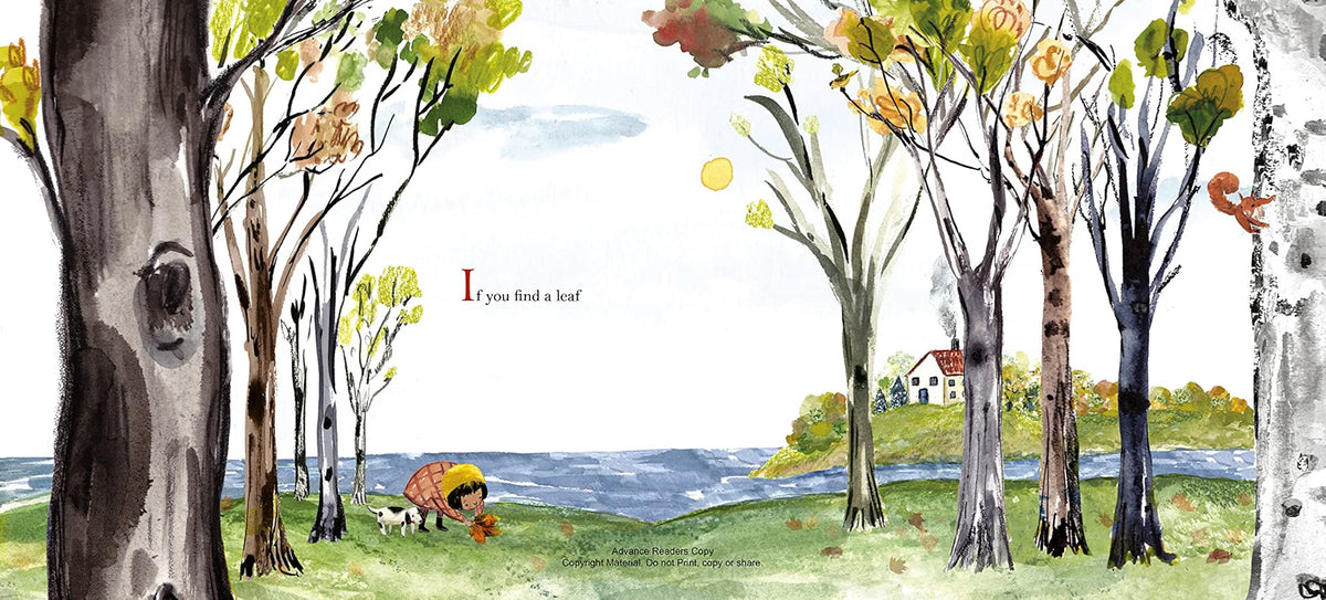 Illustration of a forest scene with trees, grass, and a house by a lake.