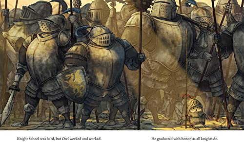 A painted illustration of armored medieval knights in a crowded scene, with one knight in the foreground holding a shield and sword. Small caption text appears along the bottom border.