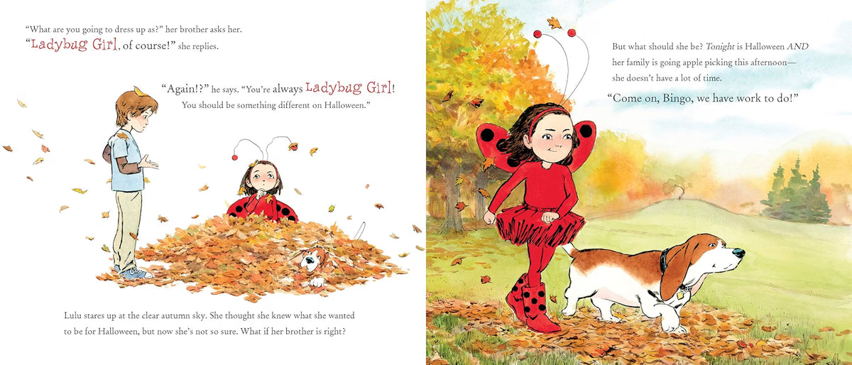 A children's book spread showing two illustrated pages with text. The left page shows a boy and a ladybug in a field of fallen leaves, and the right page shows a ladybug in a red dress with a dog in a grassy park during autumn.