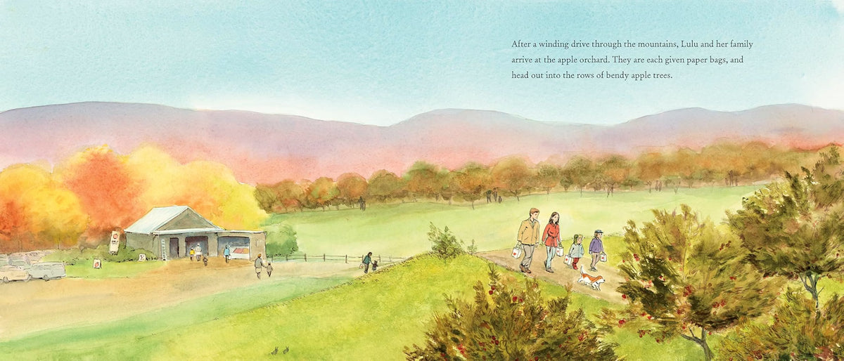 A children's picture book illustration showing a family walking through a scenic autumn mountain landscape with a small house, trees in orange and yellow, and mountains in the background. Text appears in the upper right corner.