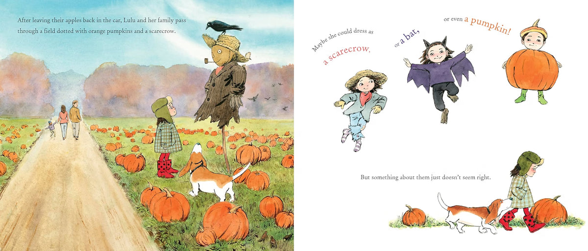 A children's illustrated book spread showing autumn scenes in a pumpkin field, with one large scene on the left and several smaller character illustrations on the right. The page includes text and drawings of children in costume, pumpkins, a scarecrow, and a dog.