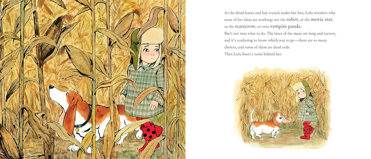 A two-page children's book spread showing an illustrated story scene with a girl in a plaid shirt and hat walking through tall grass with a dog and rabbit, alongside printed text on the right page.