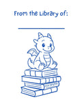 Tiny blue dragon sitting atop a stack of books with From the Library Of text above