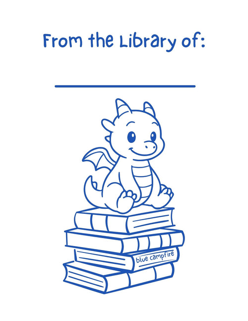 Tiny blue dragon sitting atop a stack of books with From the Library Of text above