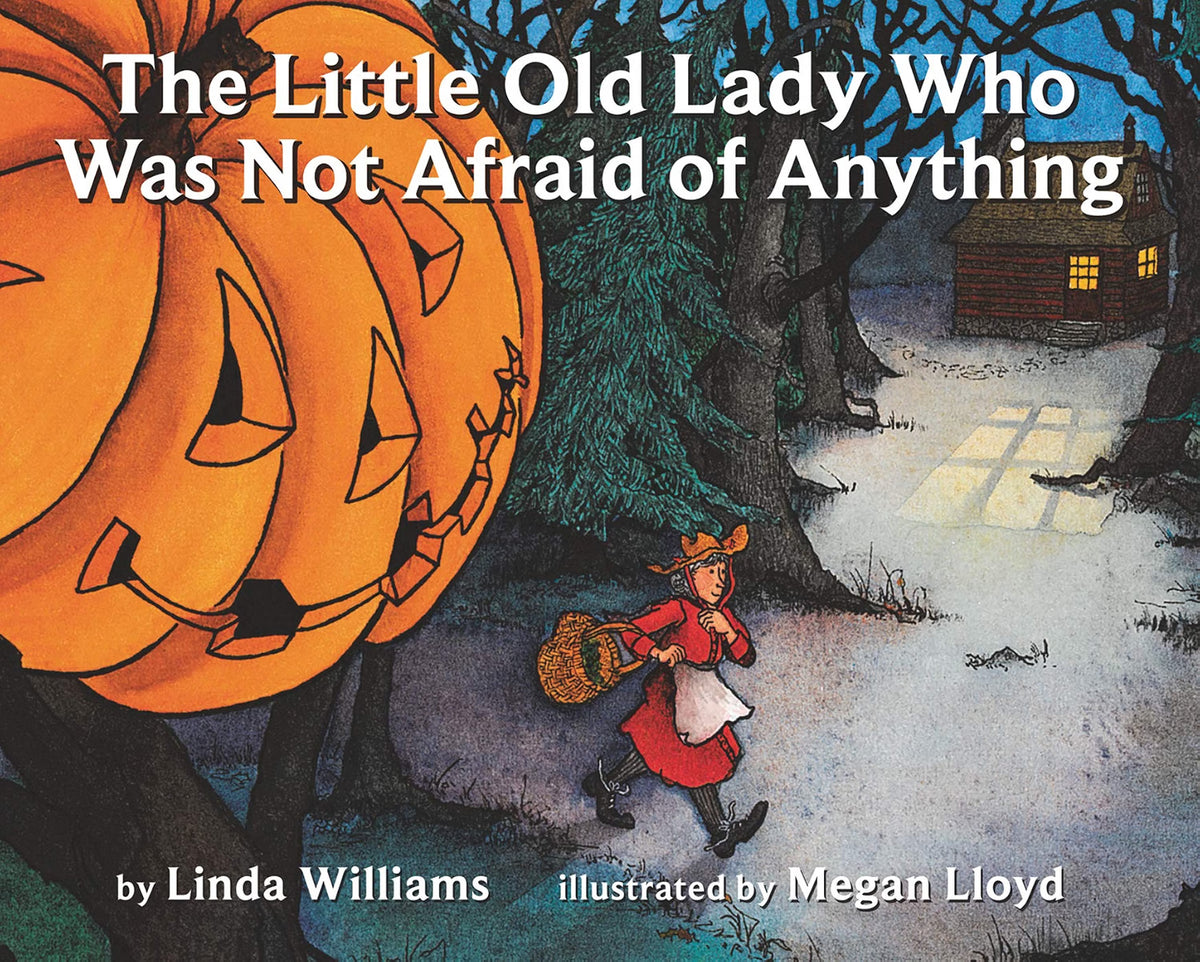 Book cover of 'The Little Old Lady Who Was Not Afraid of Anything' with a pumpkin and child illustration.