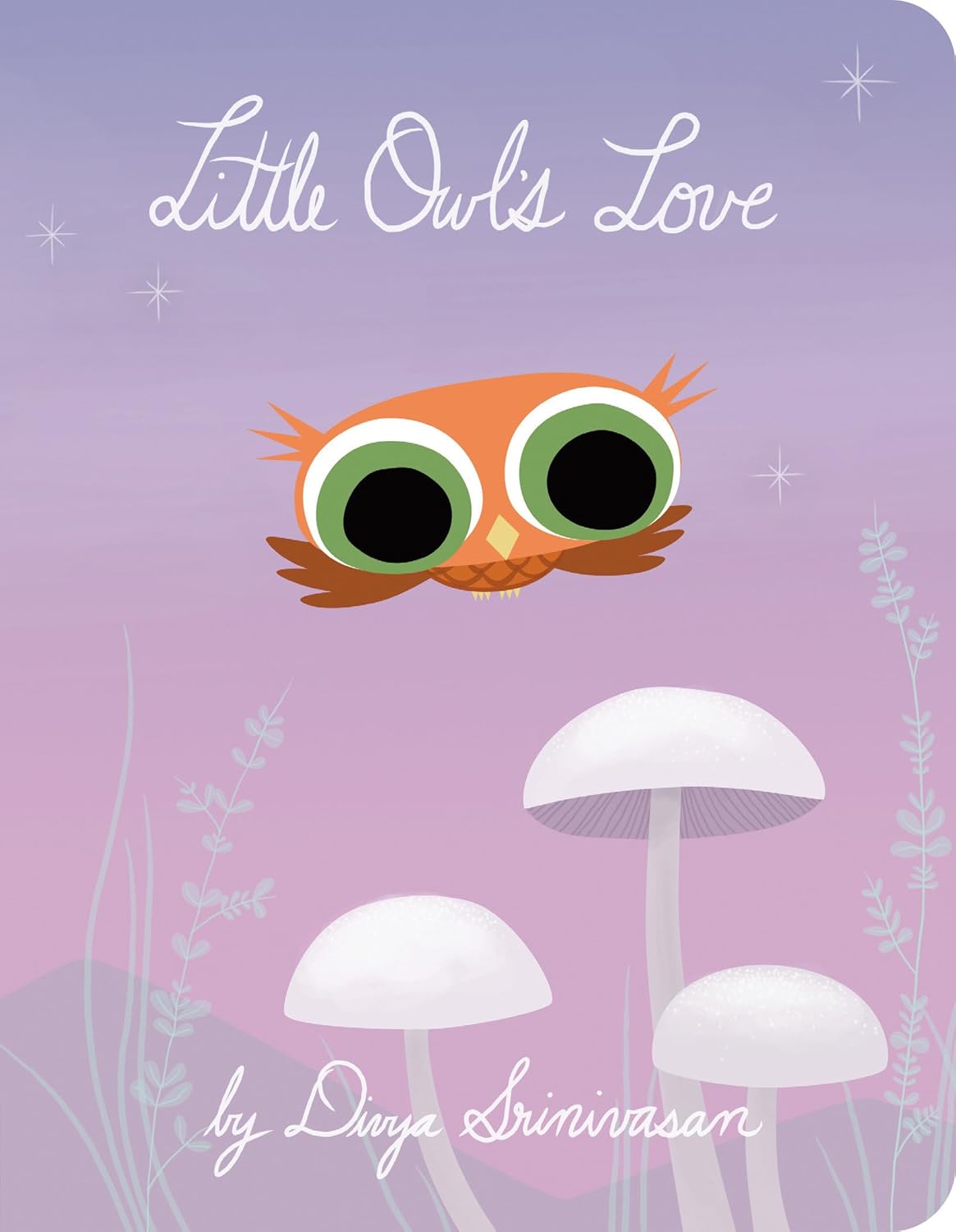 Book cover of 'Little Owl's Love' with an owl illustration and mushroom design on a purple background.