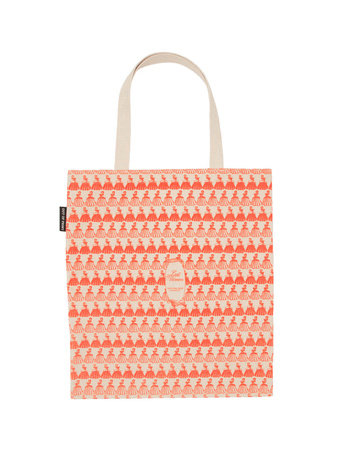 Tan tote bag with classic print of Little Women book in red