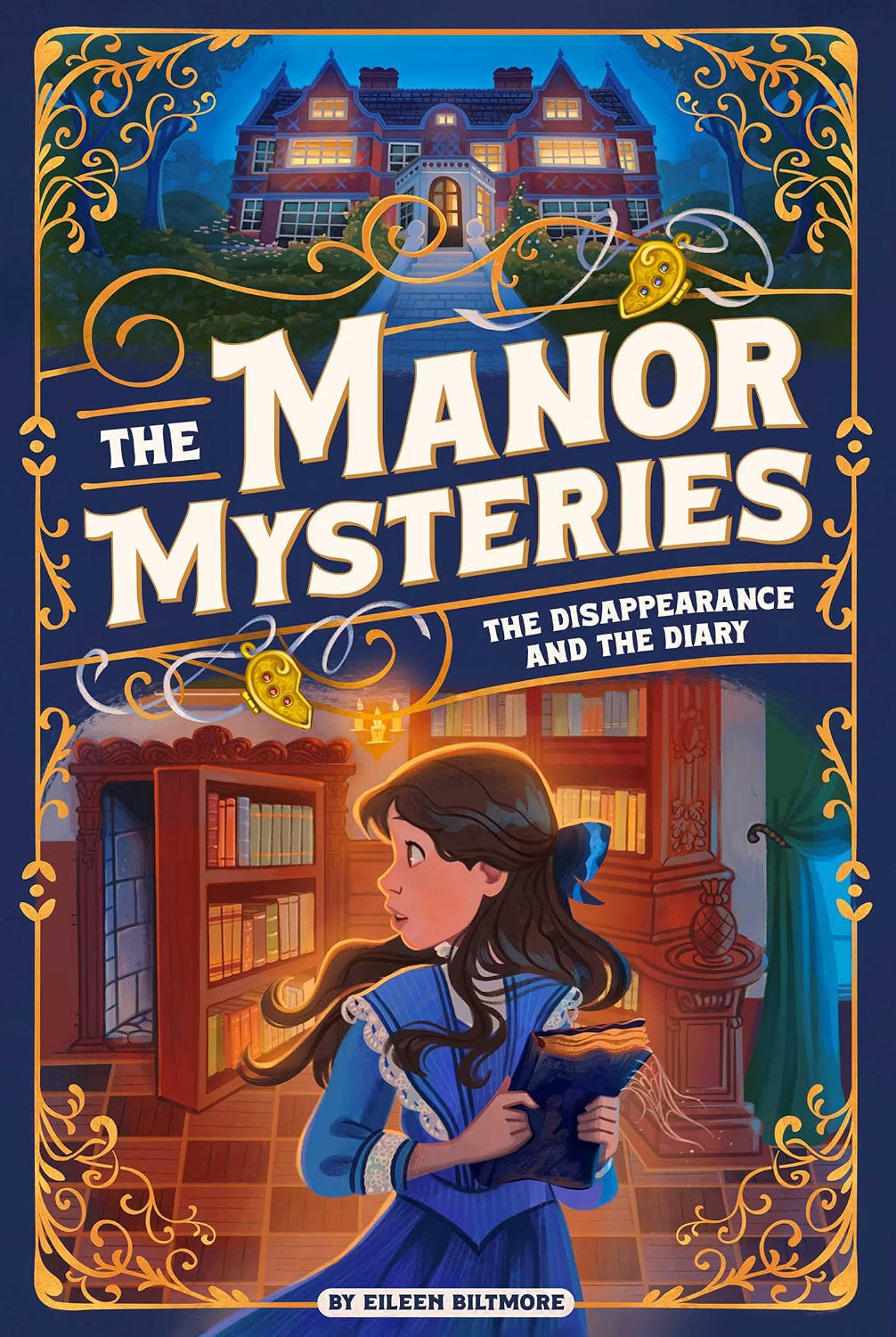 Book cover of 'The Manor Mysteries' with a girl holding a diary and a manor house in the background.