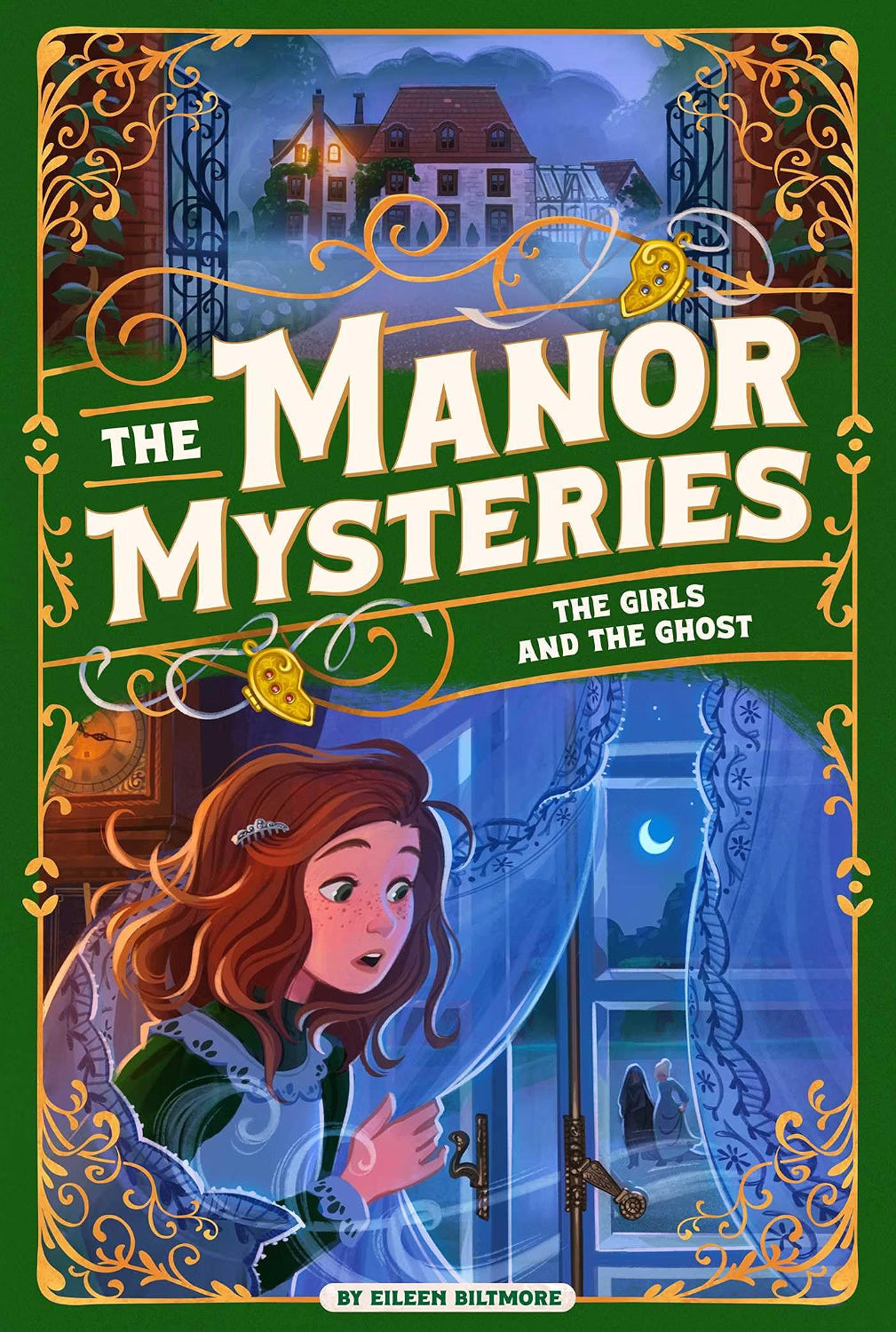 Book cover of 'The Manor Mysteries: The Girls and the Ghost' with a girl looking out a window.
