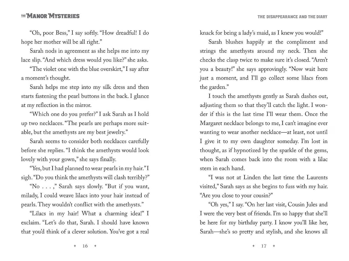 A printed page from a book or magazine featuring the title 'THE MANOR MYSTERIES' at the top and two paragraphs of text below, with page numbers 16 and 17 at the bottom.