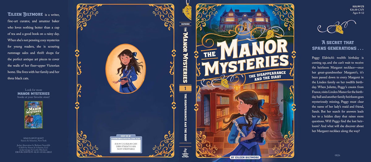 A book cover and spine layout for 'The Manor Mysteries' shown in a full wrap view on a dark blue background. The cover features ornate gold decorative borders, a large title in white and gold lettering, an illustrated woman in a blue dress, and a fantasy manor scene at the top.