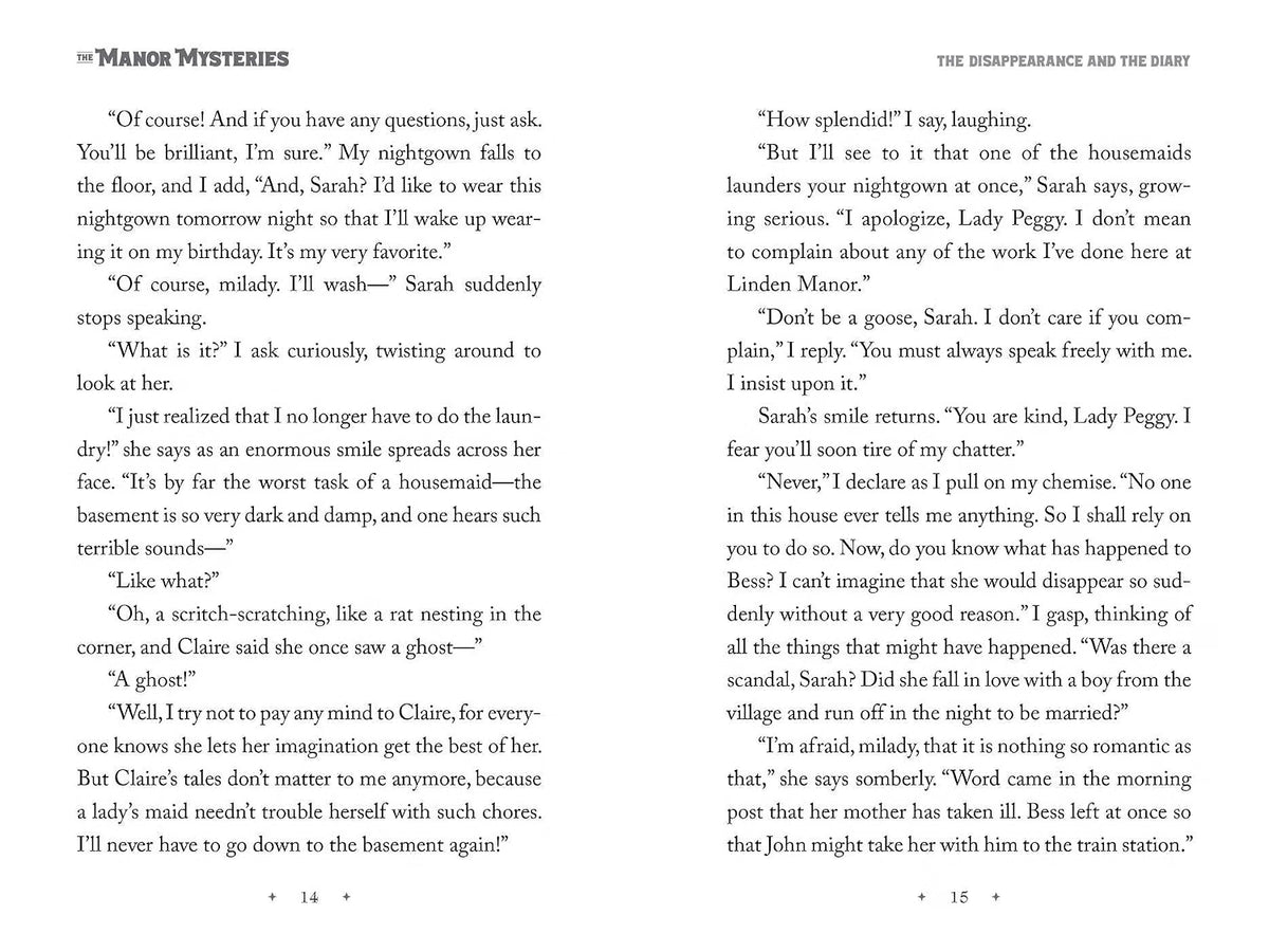A scanned book page showing two columns of text from a story titled 'The Manor Mysteries' with page numbers 14 and 15 at the bottom.