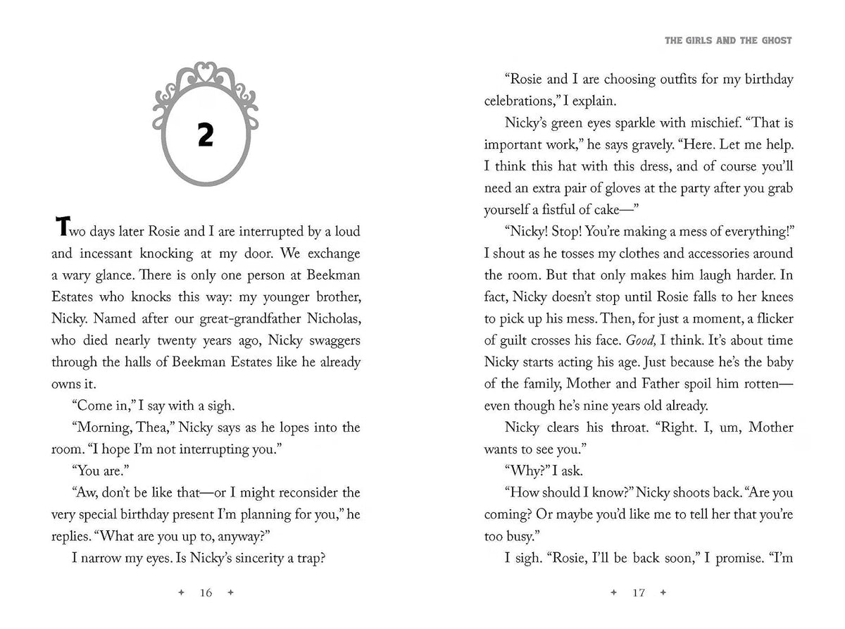 A printed page from a children's book showing two columns of black text on white paper, with a small gray decorative illustration at the top left and page numbers 16 and 17 at the bottom.