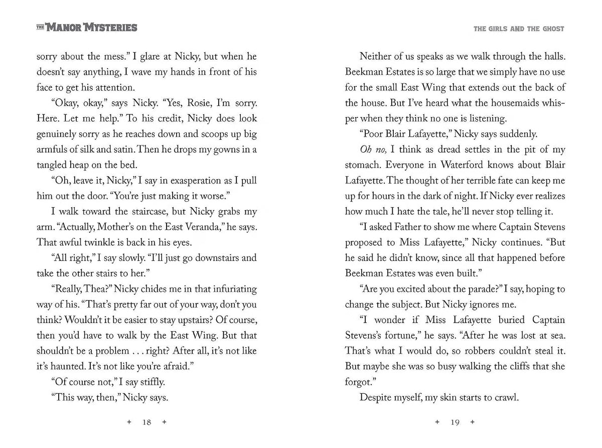 A scanned book page showing the interior of 'The Manor Mysteries' by Jane Austen, featuring printed text on a white page with a thin black border.