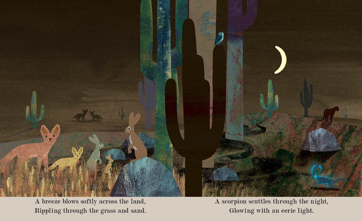 A stylized desert night scene illustration with cacti, small animals, a crescent moon, and two blocks of text at the bottom reading, 'A breeze blows softly across the land, Rippling through the grass and sand.' and 'A scorpion scuttles through the night, Glowing with an eerie light.