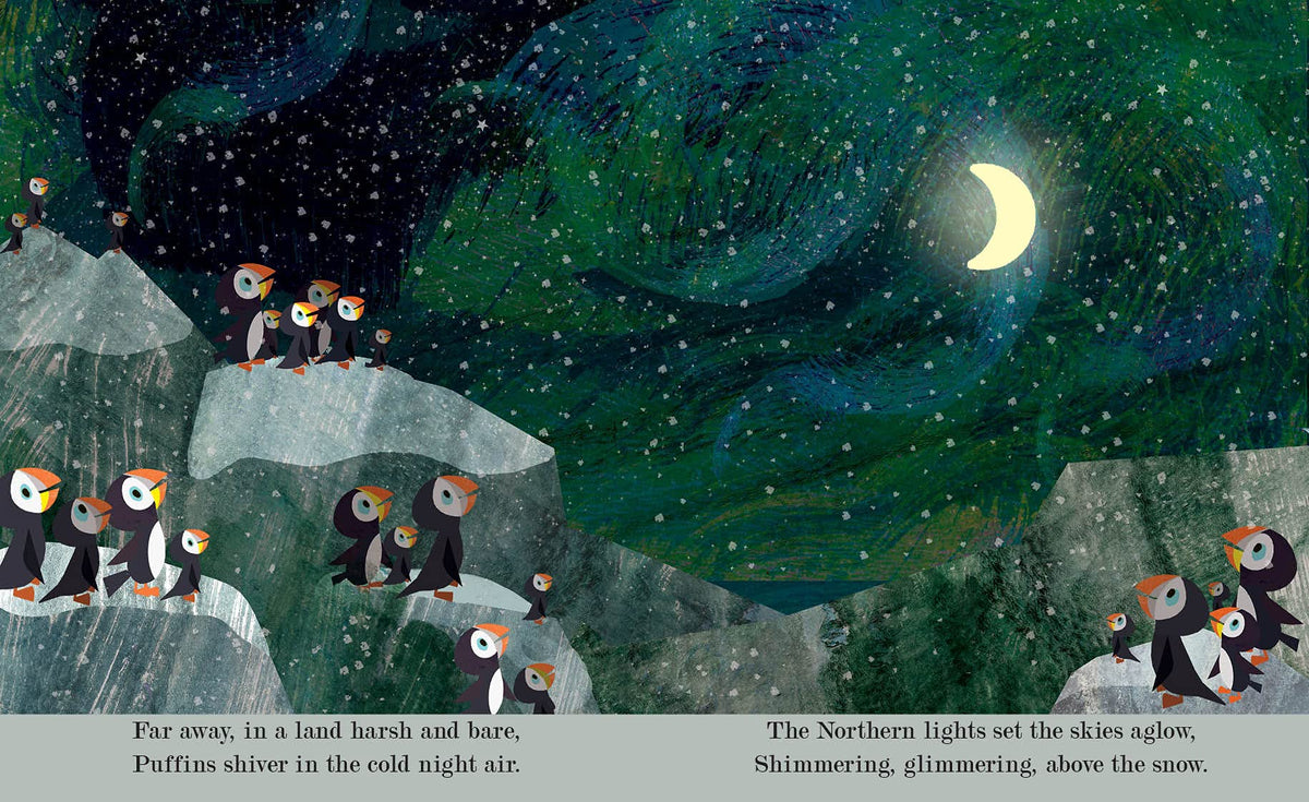 Illustrated winter scene with penguins standing on icy rocks under a crescent moon and swirling green northern lights, with printed text at the bottom.