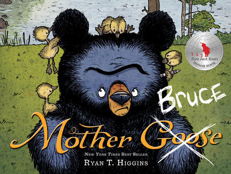 Book cover of 'Bruce Mother Goose' with a bear and chicks in a field.