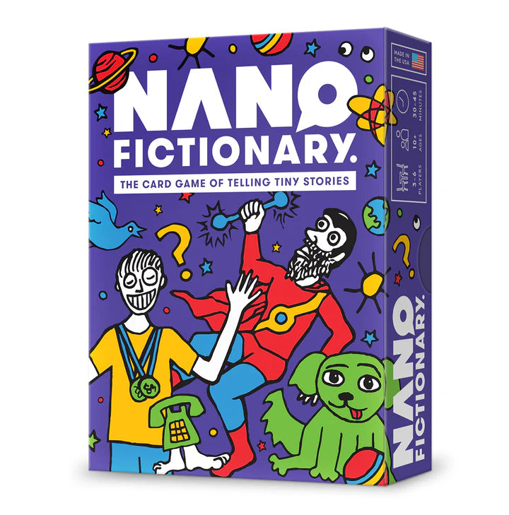 Box of 'Nano Fictionary' card game with colorful illustrations on a white background