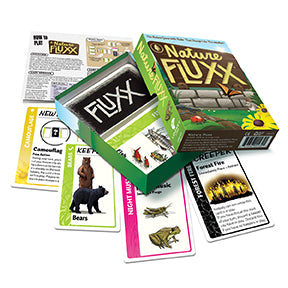 FLUXX card game components including cards and box on a white background