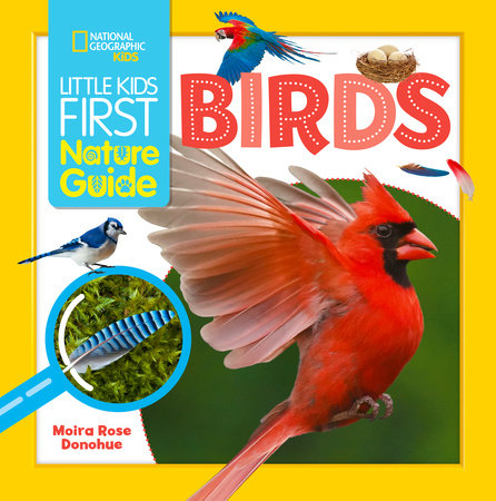 Book cover of 'Little Kids First Nature Guide: Birds' with a red cardinal and parrot on a yellow background.
