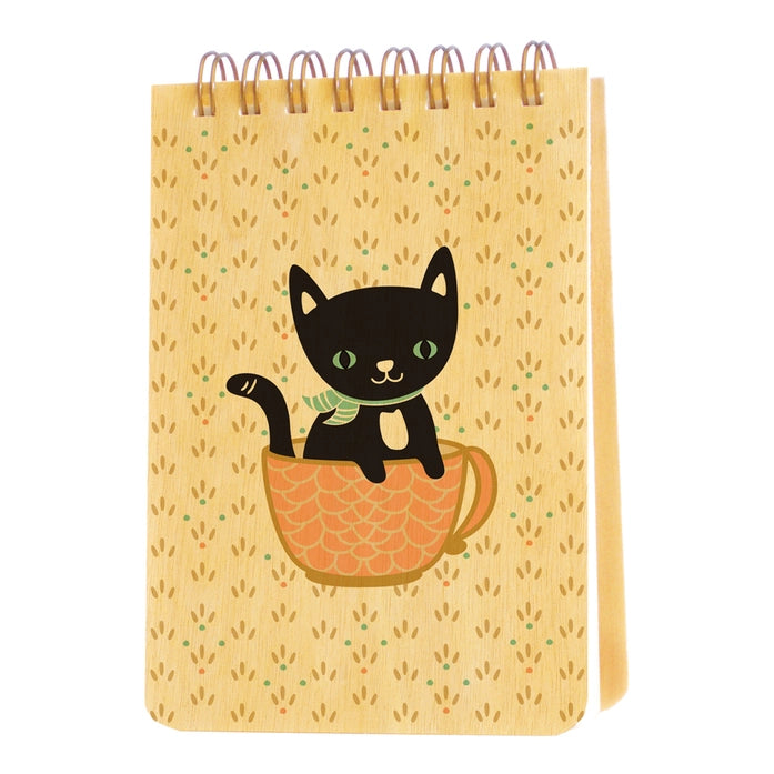 Small spiral notebook with a black kitten in a pink teacup