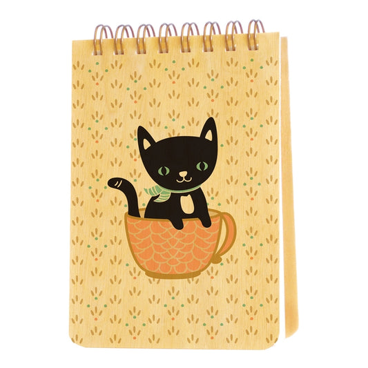 Small spiral notebook with a black kitten in a pink teacup