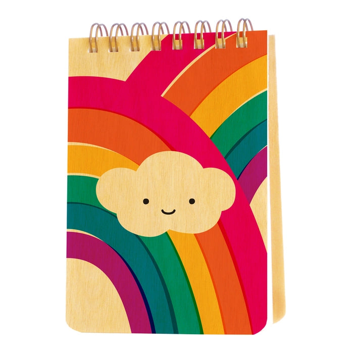 Notebook with a colorful rainbow design and a cloud face on a white background