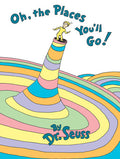 Book cover of 'Oh, the Places You'll Go!' by Dr. Seuss with a colorful staircase and child on top.