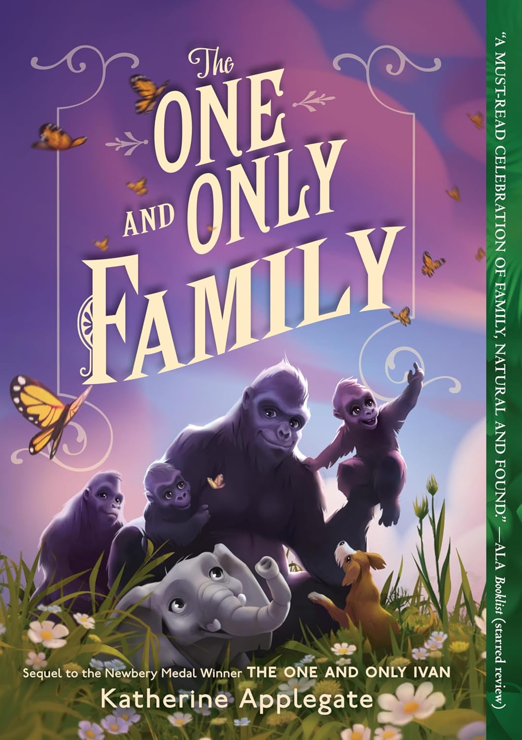 Book cover of 'The One and Only Family' with gorillas, elephant, and dog on a purple background