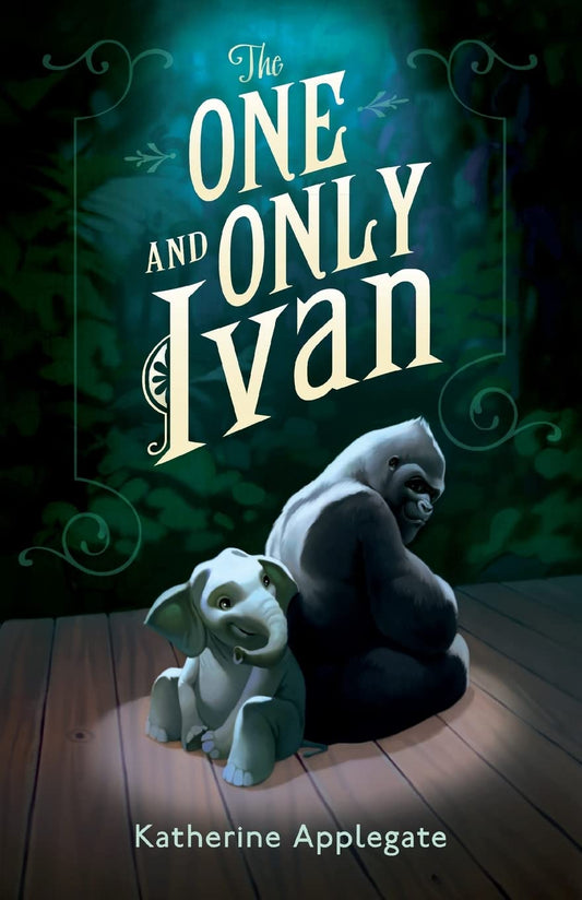 Book cover of 'The One and Only Ivan' with two animals on a wooden floor.