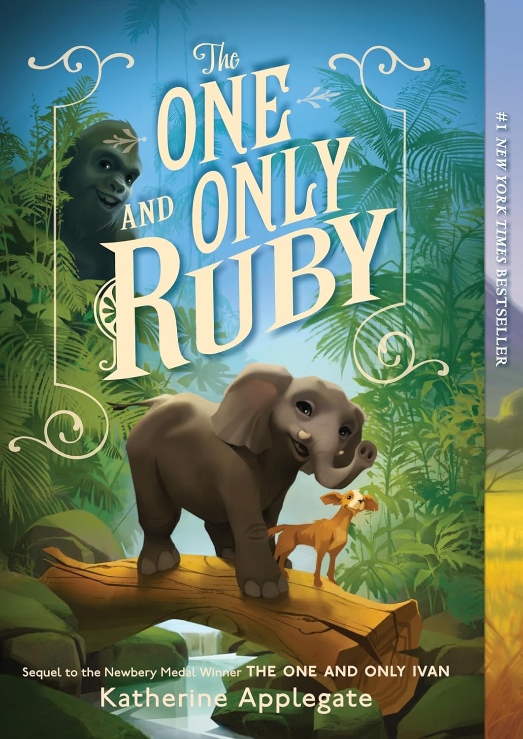 Book cover of 'The One and Only Ruby' with an elephant and deer on a branch against a jungle background.