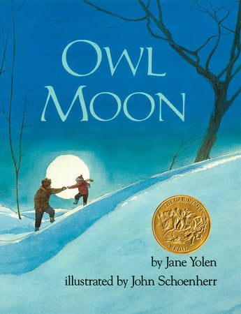 Book cover of 'Owl Moon' with two children in a snowy landscape and a full moon.