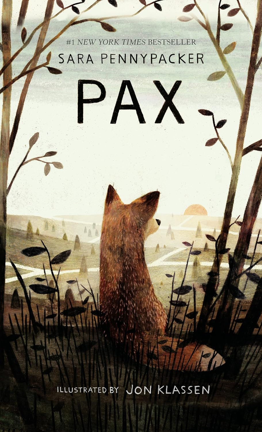 Cover art for Pax, showing an orange fox looking into the distant farm land