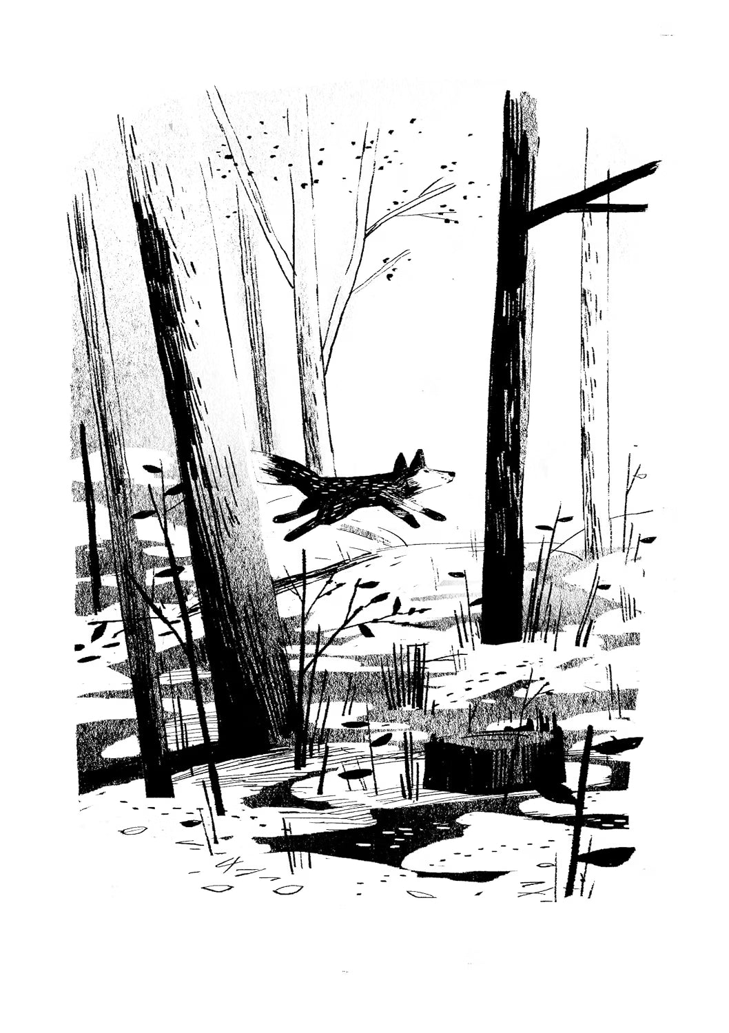 Black and white woodcut-style illustration of a fox running through a forest with bare trees and a snowy ground.