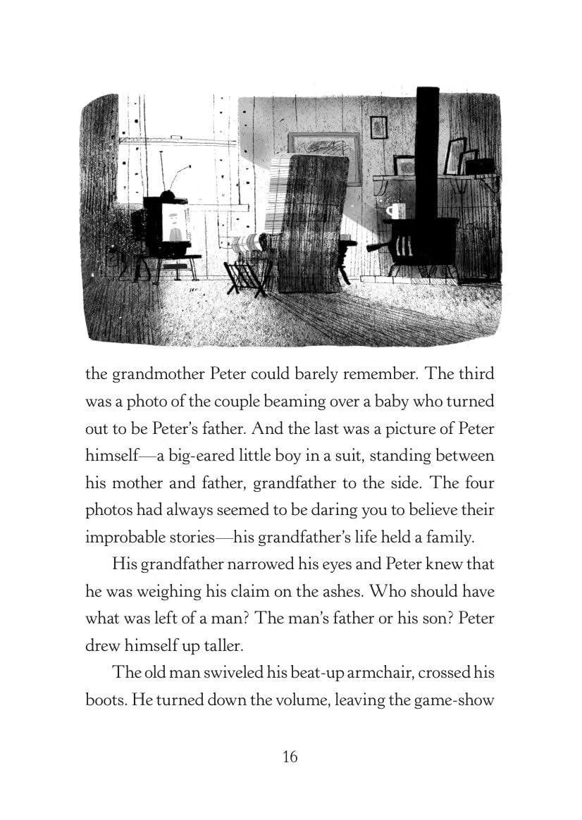 A printed book page with a black-and-white sketch at the top and paragraphs of text below, showing a vintage interior scene and a passage about a grandfather and baby Peter.