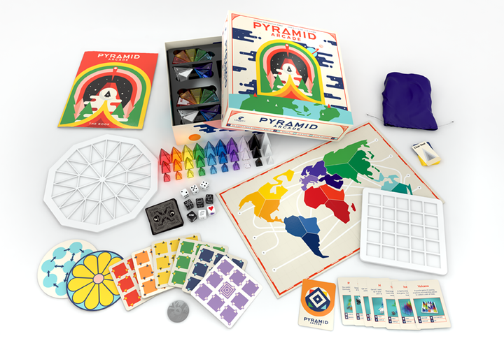 Collection of colorful game pieces for Pyramid Arcade game on a white background