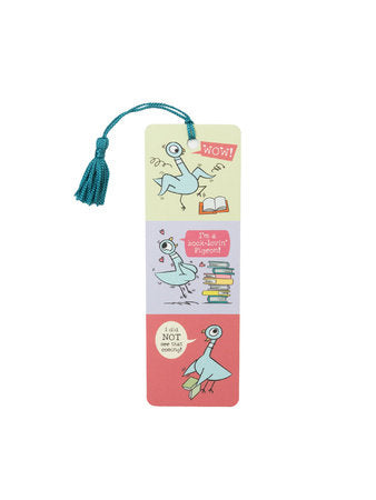 Bookmark with classic Pigeon by Mo Willems artwork and teal tassel