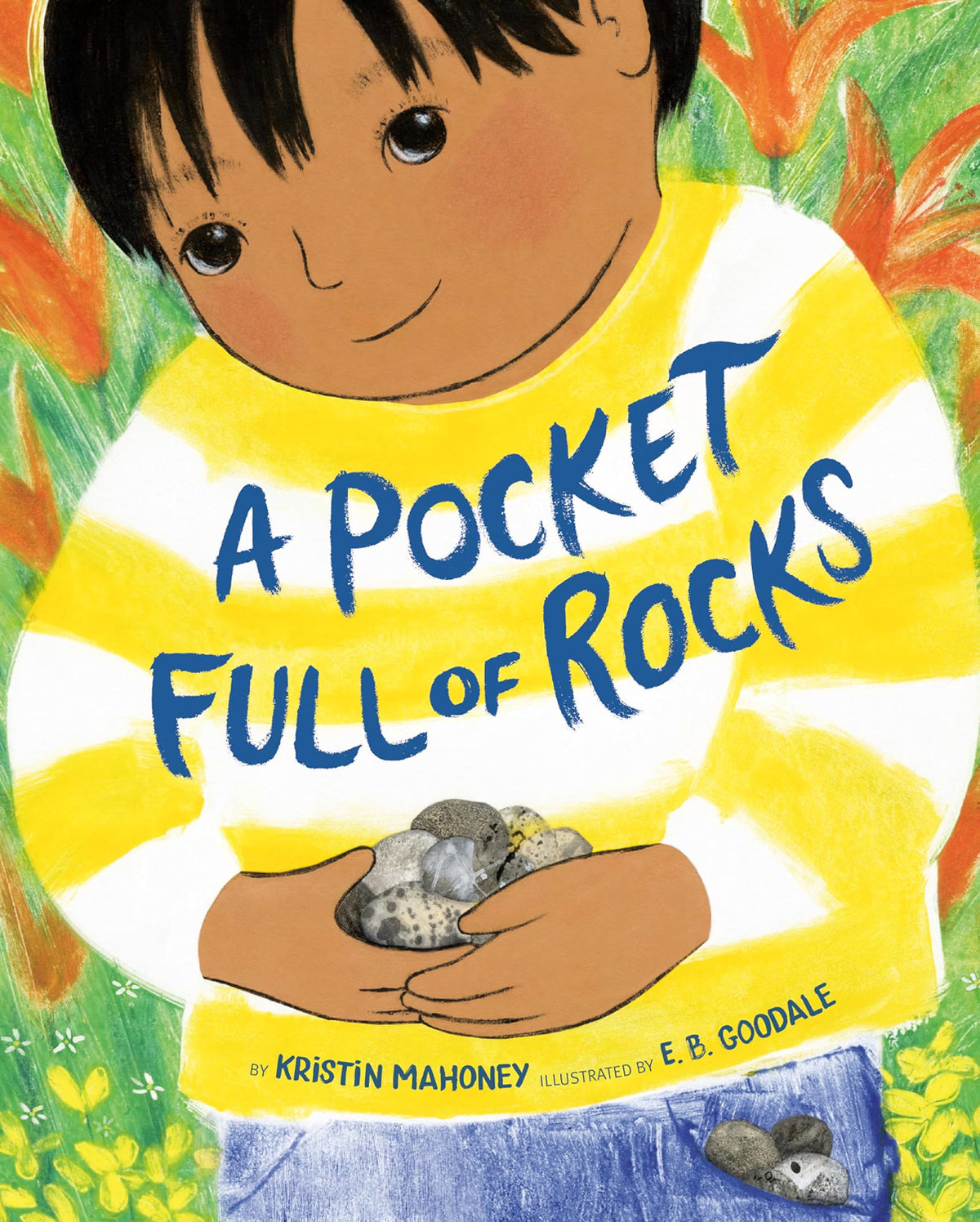 Book cover of 'A Pocket Full of Rocks' with a child holding rocks against a colorful background.