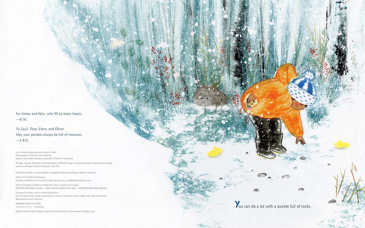 A children's book or printed art page featuring a winter illustration of a child in an orange coat and blue knit hat bending in snow near a forest, with text on the left and a quote at the bottom right.