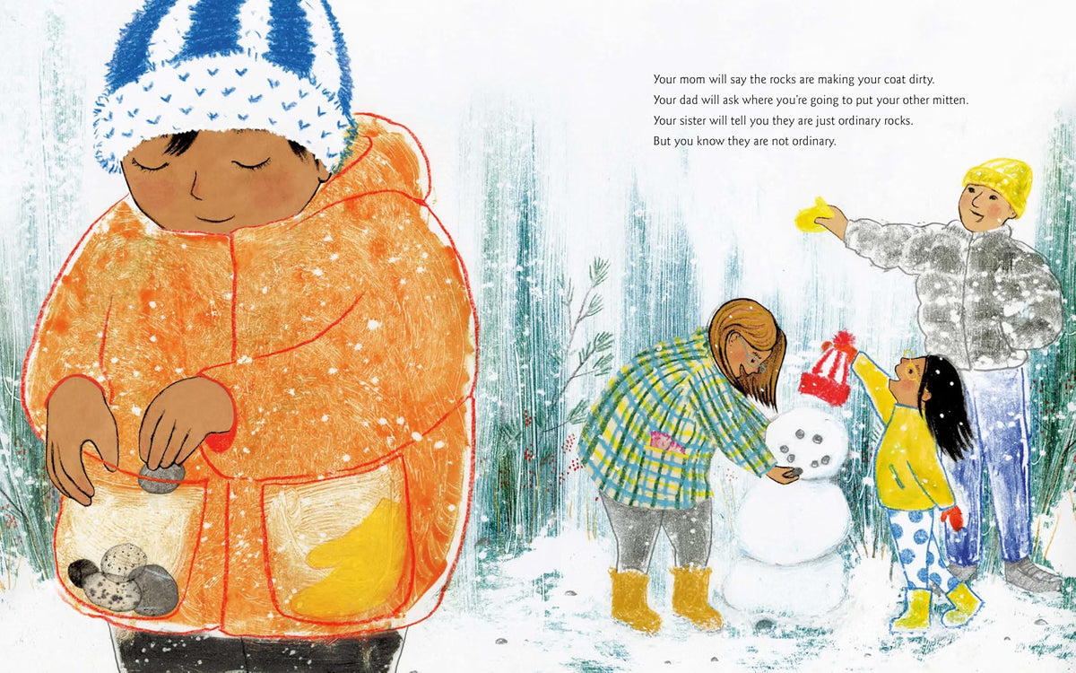 A children's book illustration showing a snowy winter scene with multiple people outdoors. On the left, a child in an orange jacket and blue-and-white beanie holds a small bag of rocks.