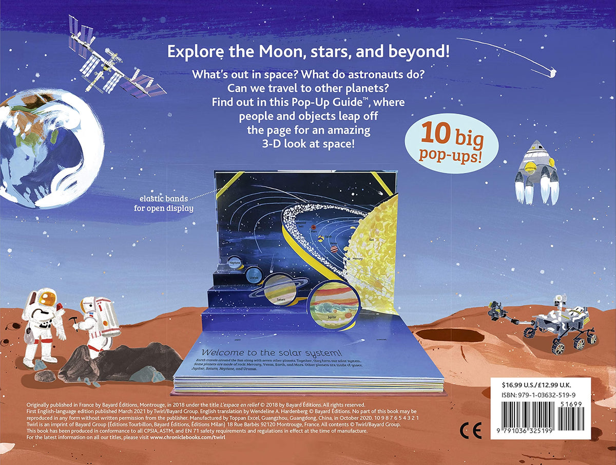 Back cover of a children's pop-up book titled 'Explore the Moon, stars, and beyond!' showing a space-themed pop-up display with astronauts, planets, rockets, and a solar system model on a desert-like surface.
