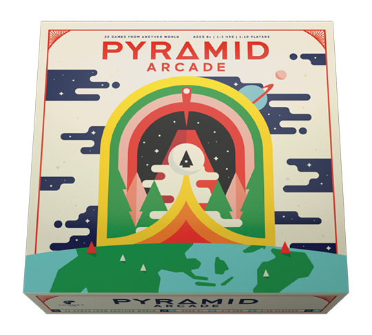 Board game box titled 'Pyramid Arcade' with a colorful rocket design on a white background