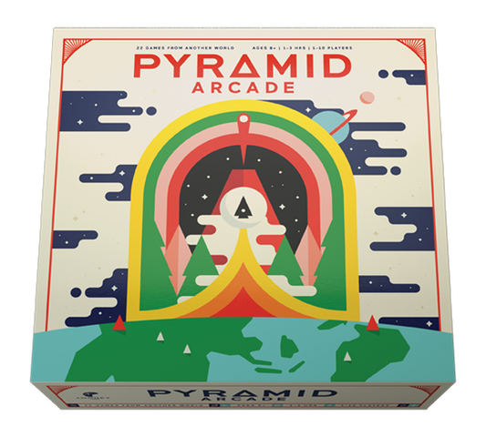 Board game box titled 'Pyramid Arcade' with a colorful rocket design on a white background