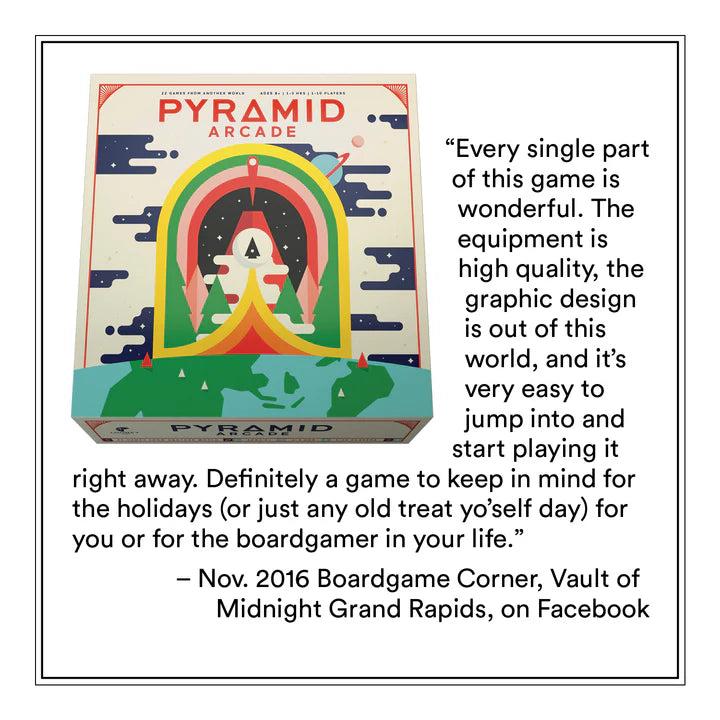 Text Review of Pyramid Arcade board game box with a colorful design and text on a white background