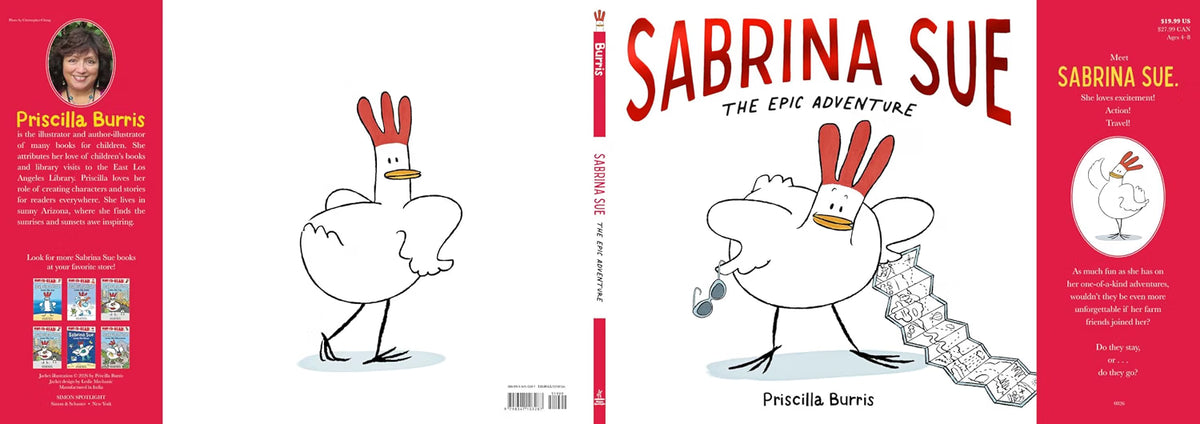 Book cover and back cover for 'Sabrina Sue: The Epic Adventure' by Priscilla Burns, featuring a white cartoon chicken character with red hair on a white background with red side panels.