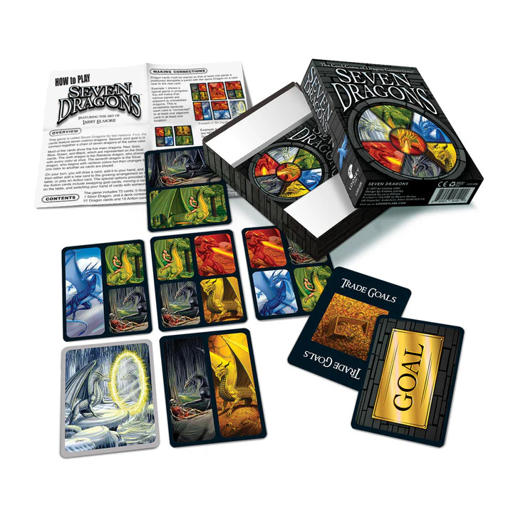 Card game set with 'Seven Dragons' branding, including cards and a box on a white background.
