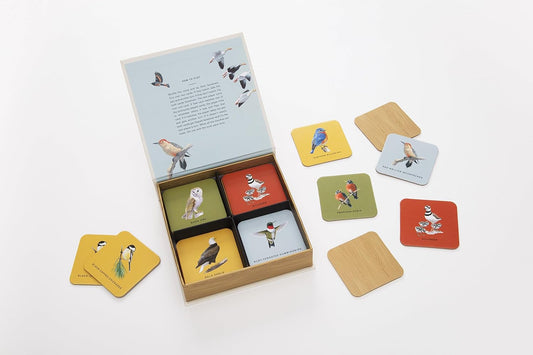 Set of bird-themed coasters with a matching box on a light gray background