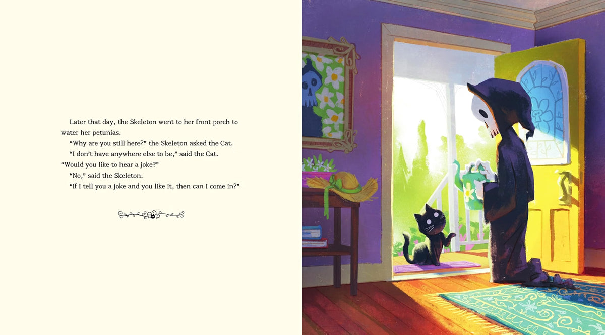 Illustration of a cat and skeleton in a colorful room with text.