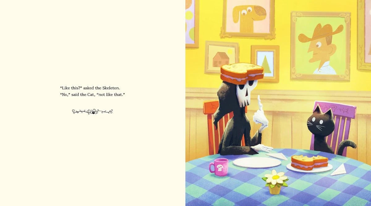 A children's book or comic-style illustrated spread with a cream page on the left containing a short story and a colorful illustration on the right showing a skeleton in a sandwich hat sitting at a table with a black cat, framed by yellow walls and framed portraits.